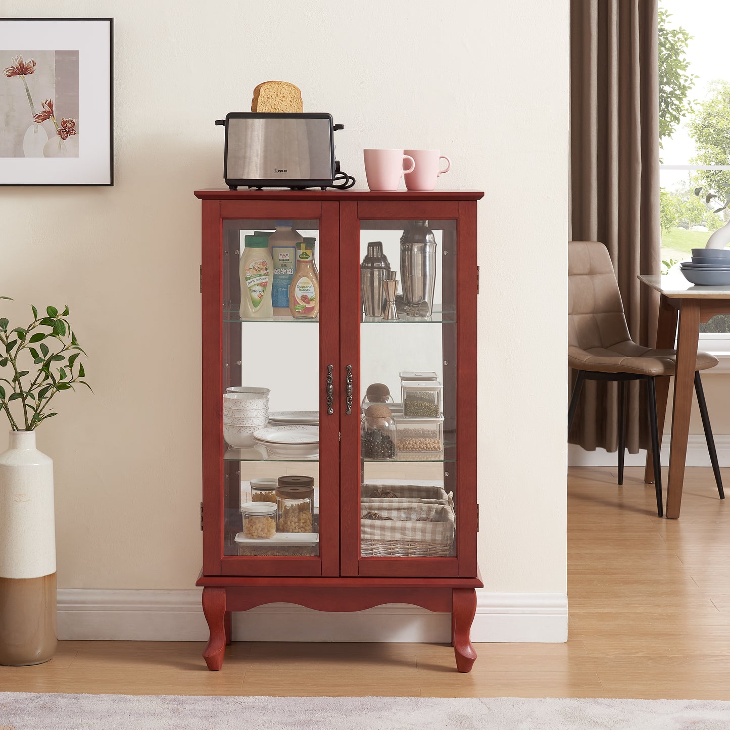 2 Doors Curio Cabinet With Tempered Glass Doors, Curio Cabinets With Mirrored Back Panel And Adjustable Shelves, Lighted Display Cabinet For Home, Office Light Bulb Included Cherry