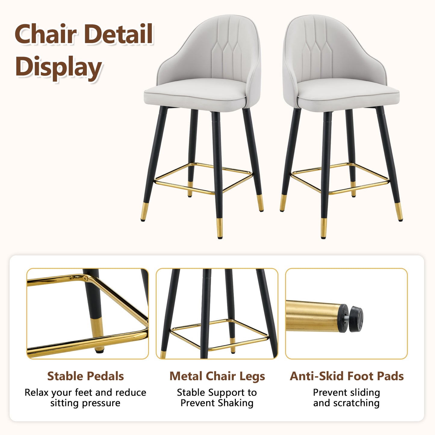 Set Of 2  Light Gray PU Leather Bar Stools 37.7 High, 25 Seat Height, Gold Accent Footrest, Ideal For Kitchen Island, Home Bar & Dining Area, Available In Black, White & Dark Gray Splicing Colors.