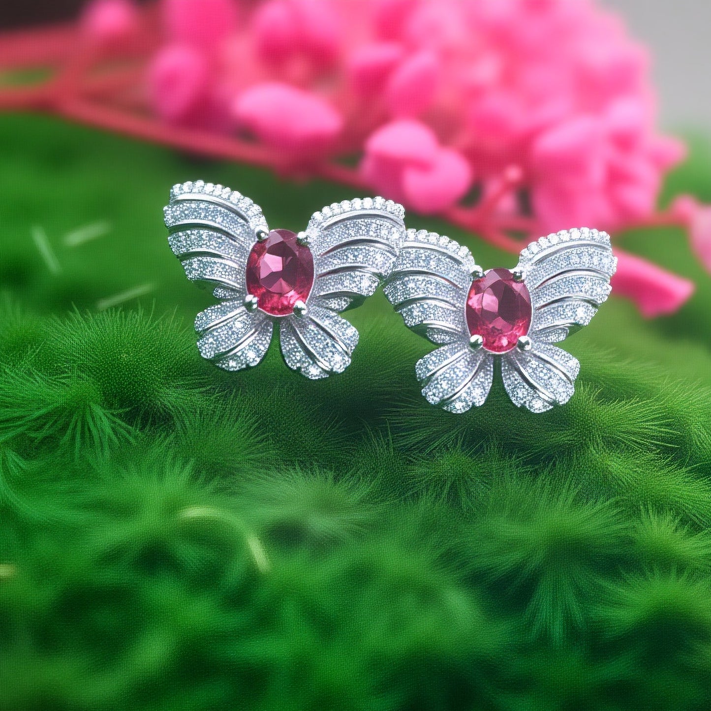 Oval  CZ Center Full Pave White Crystal Butterfly Stud Earrings For Women, Copper Silver Plated Vintage Wedding Daily Statement Jewelry Gift