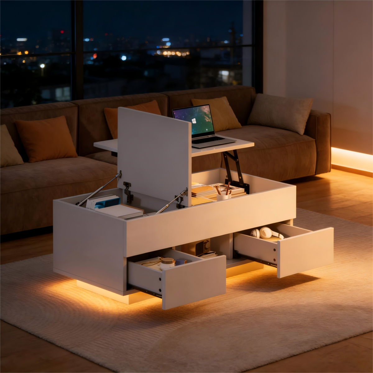 Lift-Top Coffee Table, High Gloss Centre Table With 2 Drawers & LED Lights, Lifting Sofa Side Table, Space-saving End Table,Tea Table,for Living Room, Office