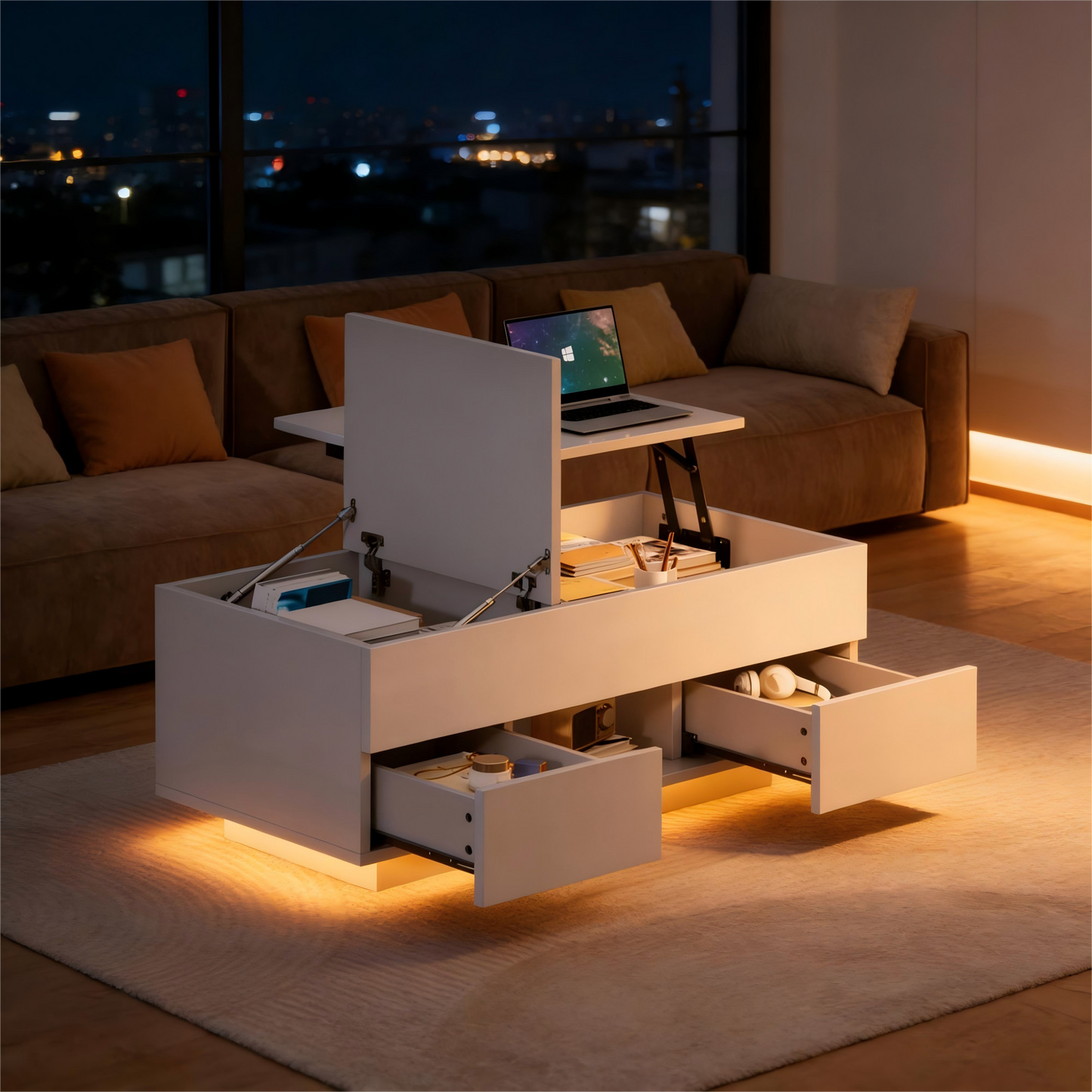 Lift-Top Coffee Table, High Gloss Centre Table With 2 Drawers & LED Lights, Lifting Sofa Side Table, Space-saving End Table,Tea Table,for Living Room, Office