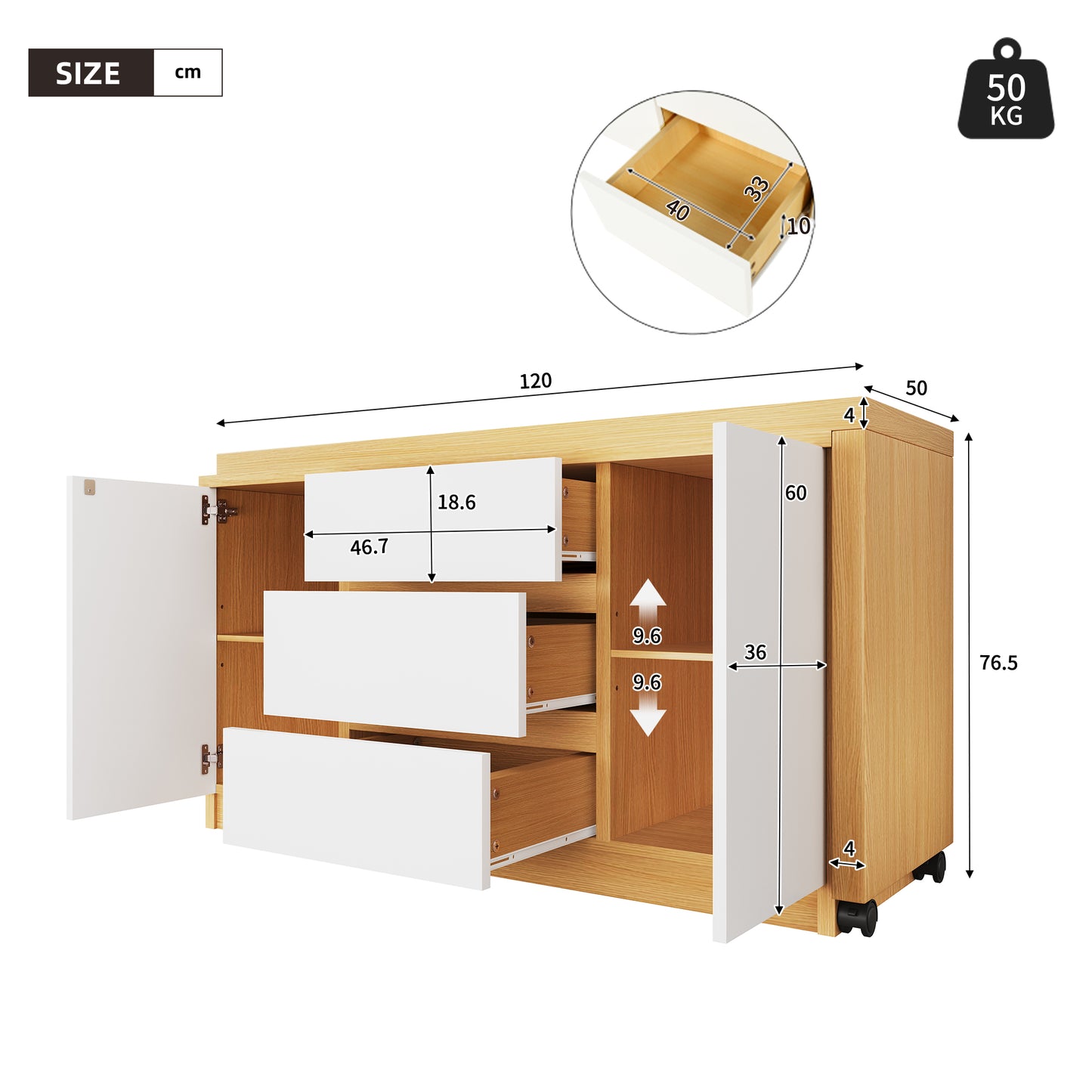 Desk With Lockable Castors  Multifunctional Design, 4 Cm Thicker, Swivel Table Top, Firmly Lockable, White Oak, Foldable Desk, Corner Desk, Sideboard, Thick Material