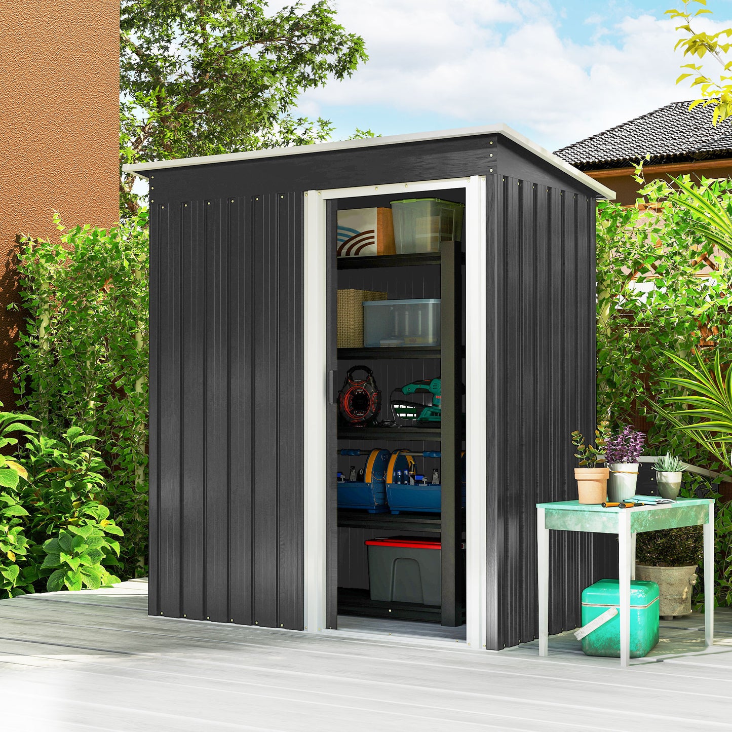 5 X 3ft Garden Storage Shed With Sliding Door And Sloped Roof Outdoor Equipment Tool, Black