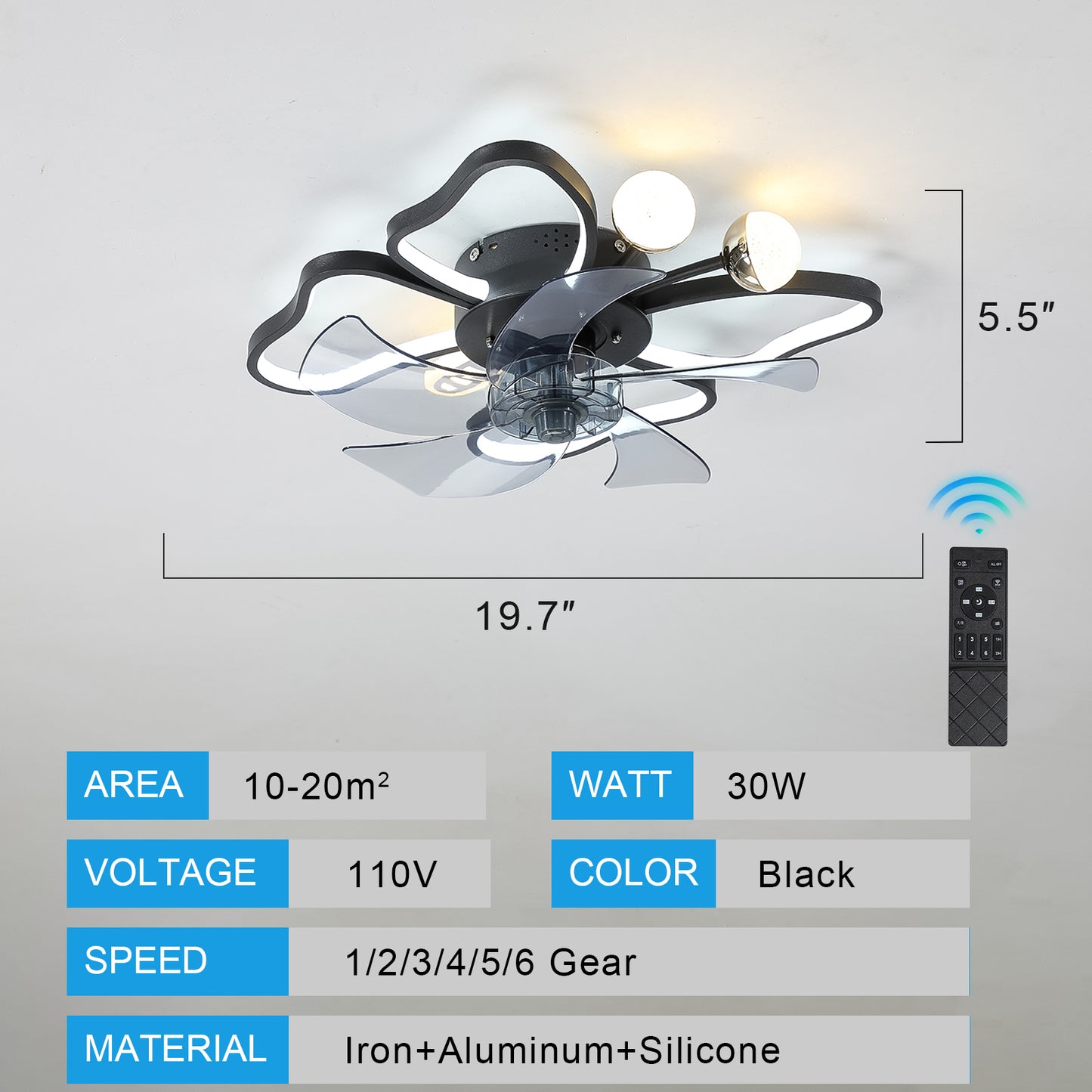 19.7 Inch Light Ceiling Fan With Lights Remote Control With Modern Butterfly Design Styling, Black, Fan For Bedroom, Living Room, Timing Function, Noiseless, Children's Favorite