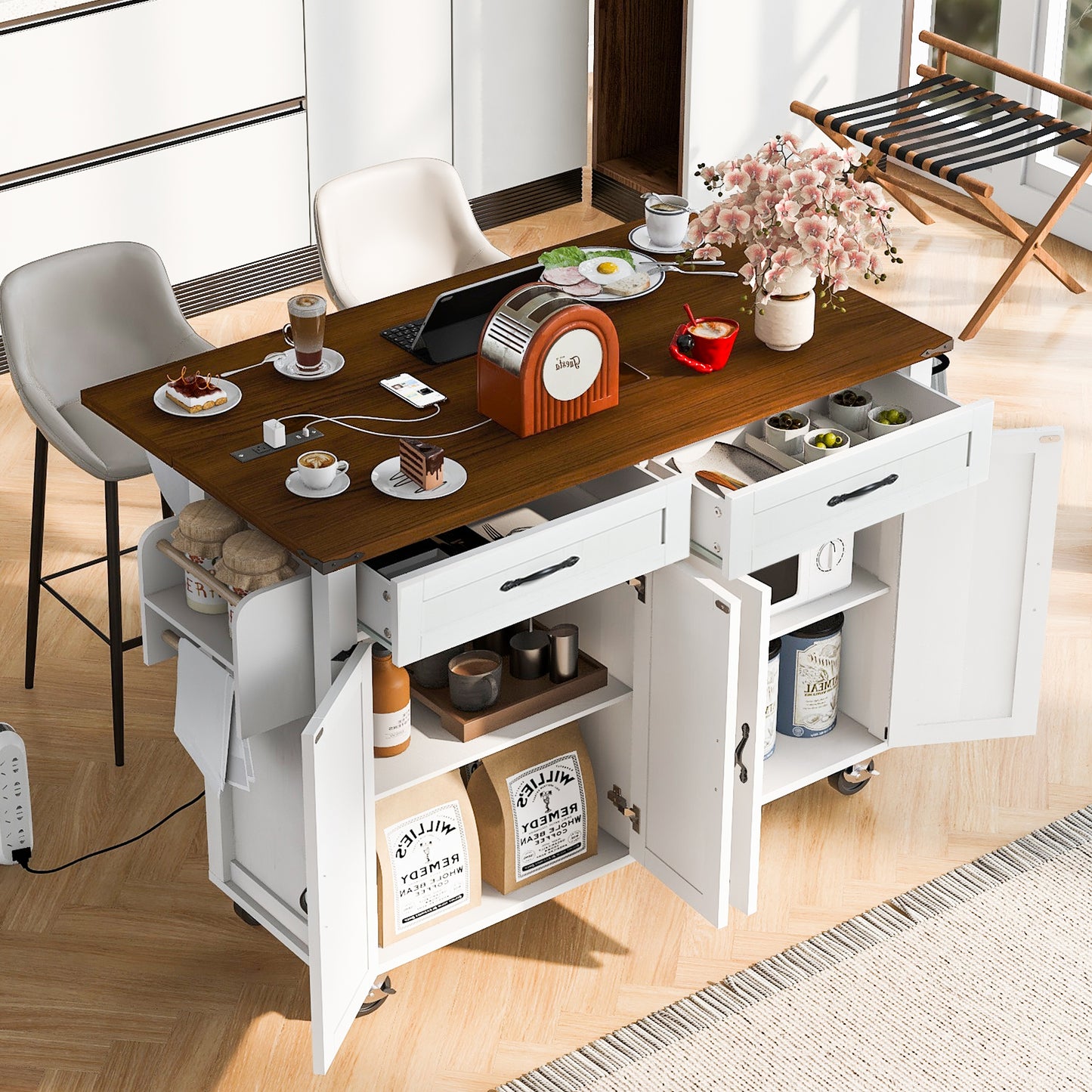 K&K 53.5 Farmhouse Kitchen Island With Power Outlet, Kitchen Storage Island With Drop Leaf, Spice Rack And Drawer, Rolling Kitchen Cart On Wheels, For Home, Kitchen And Dining Room, White