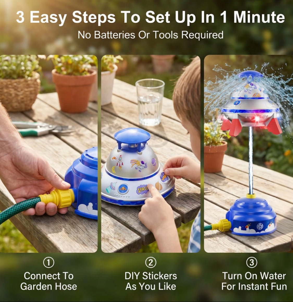 Kids UFO Rocket Water Sprinkler, Flying Saucer Water Launcher With Colorful LED Flashing Lights & DIY Stickers, Outdoor Summer Water Toy For Yard & Garden