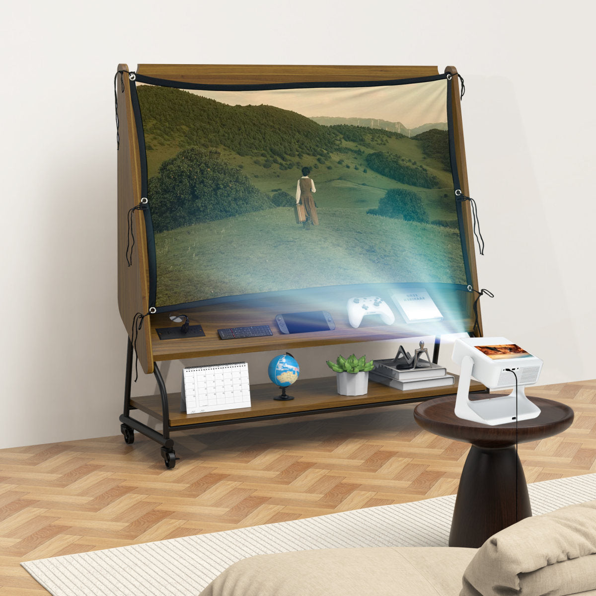 Mobile TV Stand With Mount For 32-50 TV With Projector Screen & Power Outlets - Adjustable Rolling TV Cart, MDF Wood