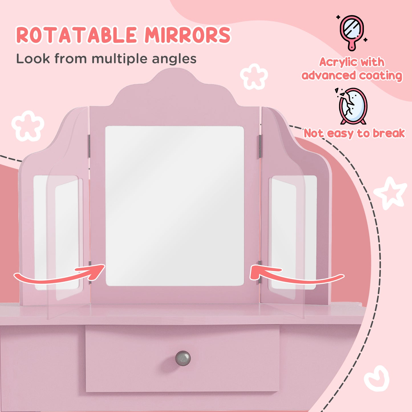 Kids Vanity Table And Chair Set With Tri-Folding Mirror And Stool, Makeup Dressing Table With Drawer, Pink