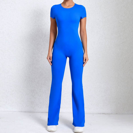Bare Back Short Sleeve Nude Feel Yoga Outer Wear Fitness Sports Jumpsuit