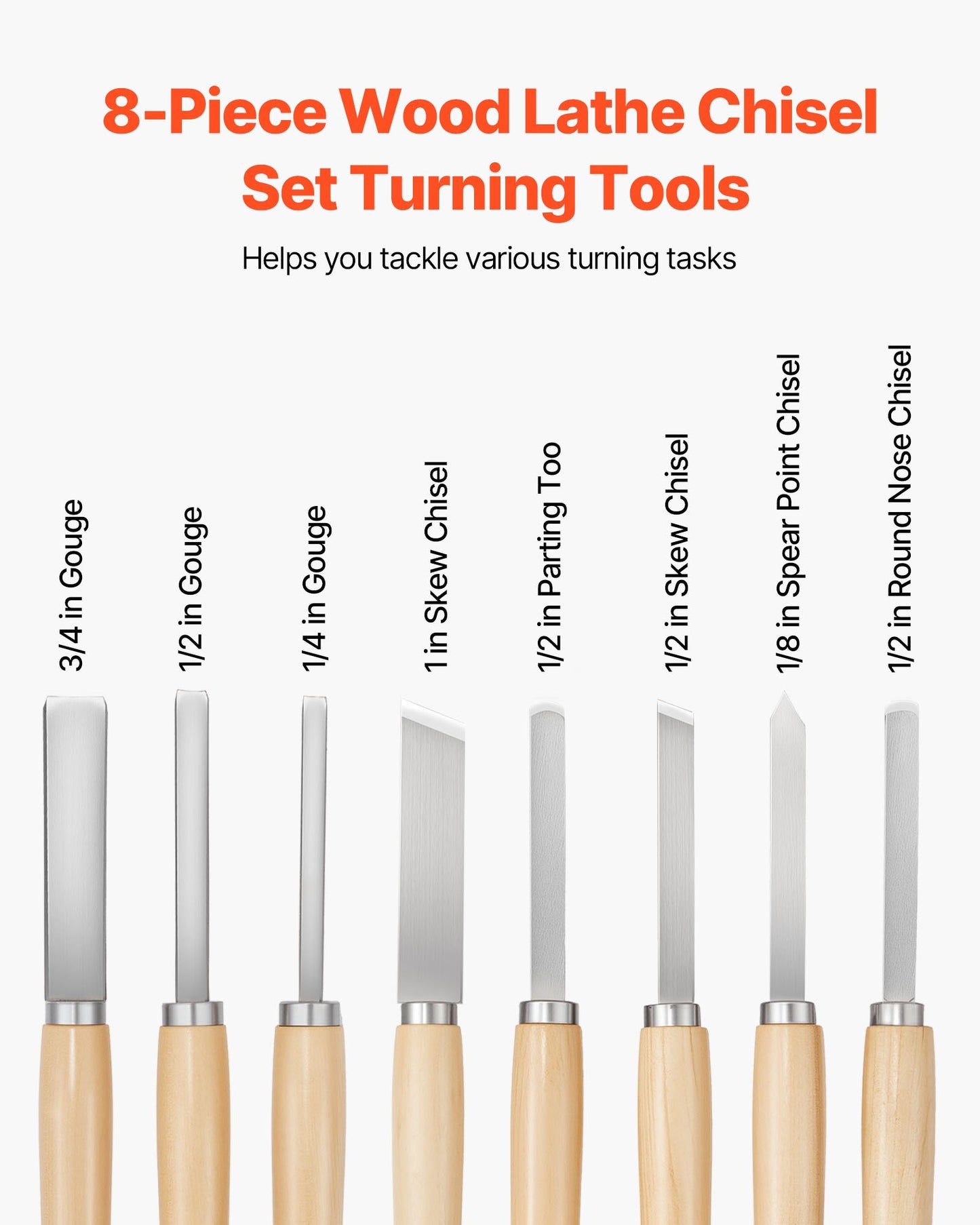 Wood Lathe Turning Tool Set, 8PCS, Lathe Chisel Set With Carbon Steel Blade, 2 Skew, 1 Spear Point, 1 Parting, 1 Round Nose, 3 Gouge Tools, 1 Oxford Bag, For Beginners, Hobbyists, Professionals
