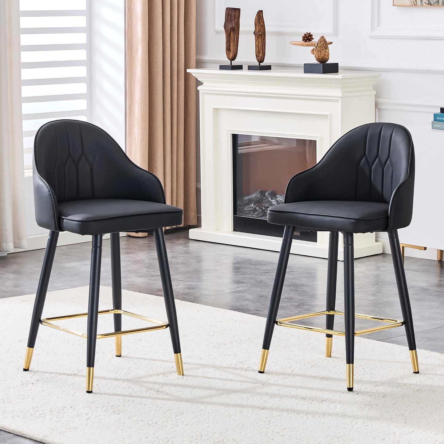 Set Of 2 Black PU Leather Bar Stools,37.7in High, 25in Seat Height, Gold Accent Footrest, Ideal For Kitchen Island, Home Bar & Dining Area, Available In Light Gray, White & Dark Gray Splicing Colors.