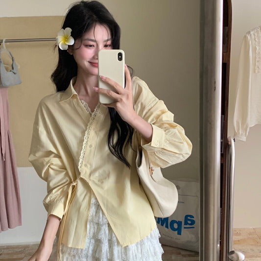 Womens Solid-Color Korean-Style French-Elegance Lace-Trimmed Shirt