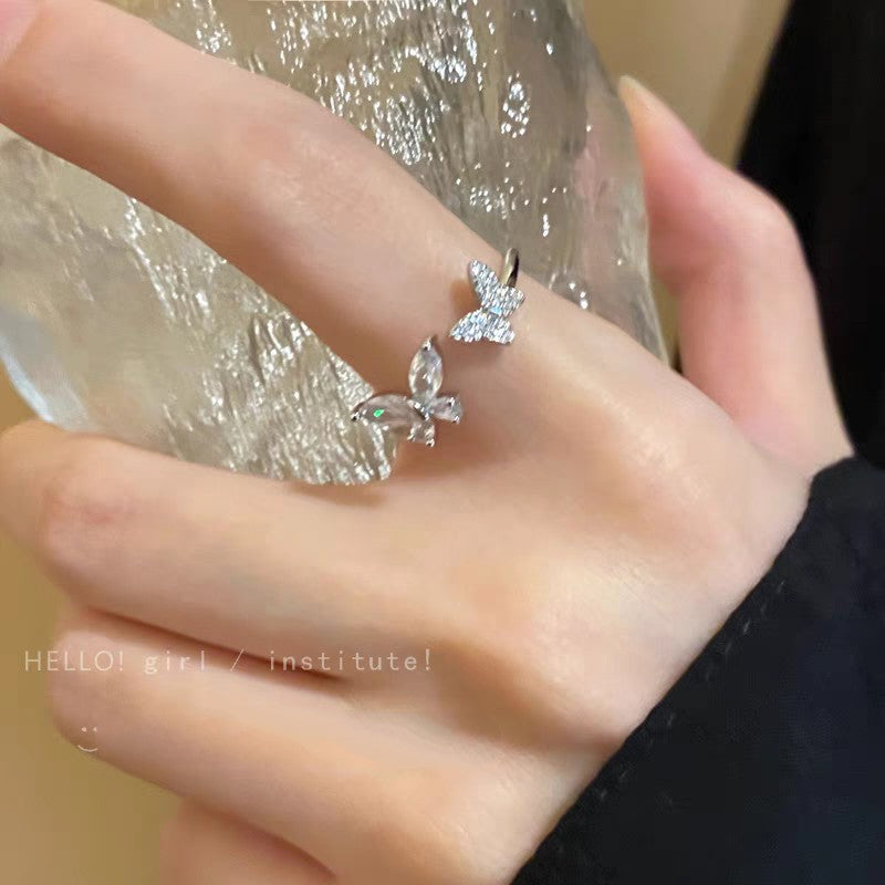 1 Piece 999 Sterling Silver Double Butterfly CZ Ring, Open Adjustable Band Style, For Daily Wear & Valentine's Gifts