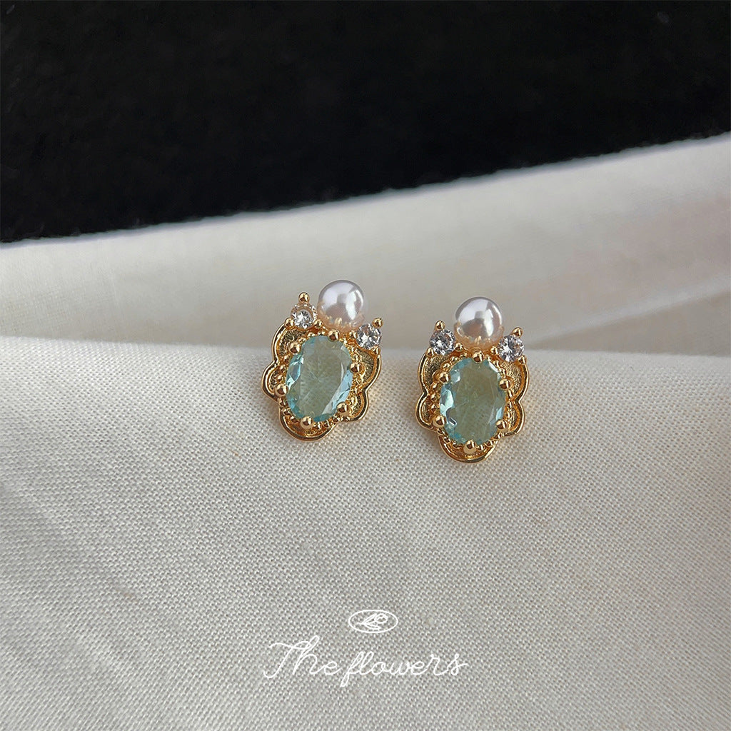 New Aquamarine 14K Gold Plated Micro Paved Zircon Stud Earrings, Literary Vintage Creative Design Versatile Daily Commute Fashion Ear Jewelry