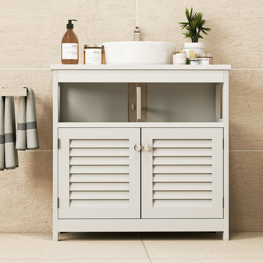 Wall Mounted Sink Plumbing Under Sink Storage Cabinet With 2 Doors Open Shelf U Shape Cut Out Wall Mounted Drainage Bathroom Under Sink Vanity For Toiletries Makeup