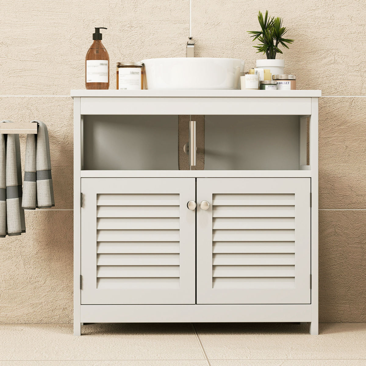 Wall Mounted Sink Plumbing Under Sink Storage Cabinet With 2 Doors Open Shelf U Shape Cut Out Wall Mounted Drainage Bathroom Under Sink Vanity For Toiletries Makeup