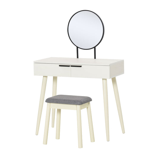Dressing Table With Mirror And Stool, Vanity Makeup Desk Set With 2 Drawers, Cushioned Stool And Make-up Organiser For Bedroom And Dressing Room, 80 X 40 X 123 Cm, White