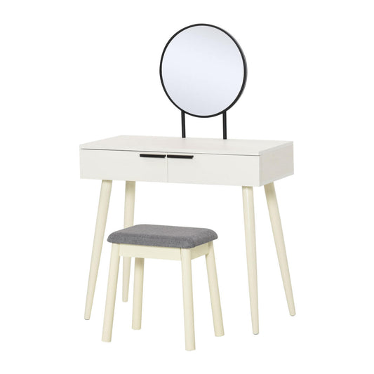 Dressing Table With Mirror And Stool, Vanity Makeup Desk Set With 2 Drawers, Cushioned Stool And Make-up Organiser For Bedroom And Dressing Room, 80 X 40 X 123 Cm, White