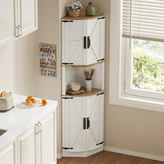 39.5X39.5X180cm, Corner Cabinet, 5 Storage Compartments, Vintage Kitchen Cabinet, White Wood Look, Rustic Style, Space-saving Corner Furniture Piece, Suitable For Living Room, Kitchens And Dining Area