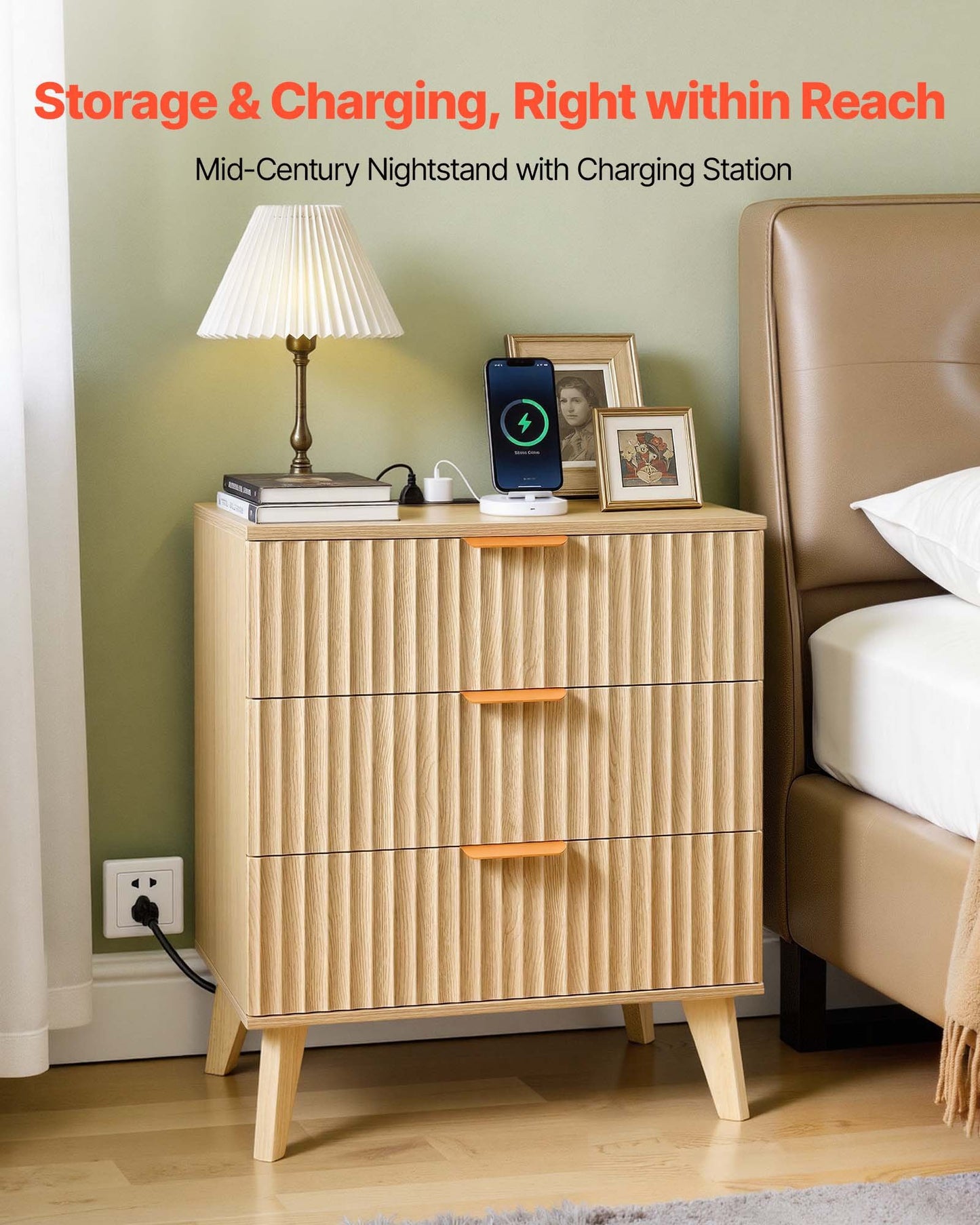 Fluted Nightstand With Charging Station, With 3 Drawers, Dresser For Bedroom, Mid Century Modern End Table, Bedside Storage Cabinet Side Table Chest Of Dresser, For Bedroom, Living Room, Khaki