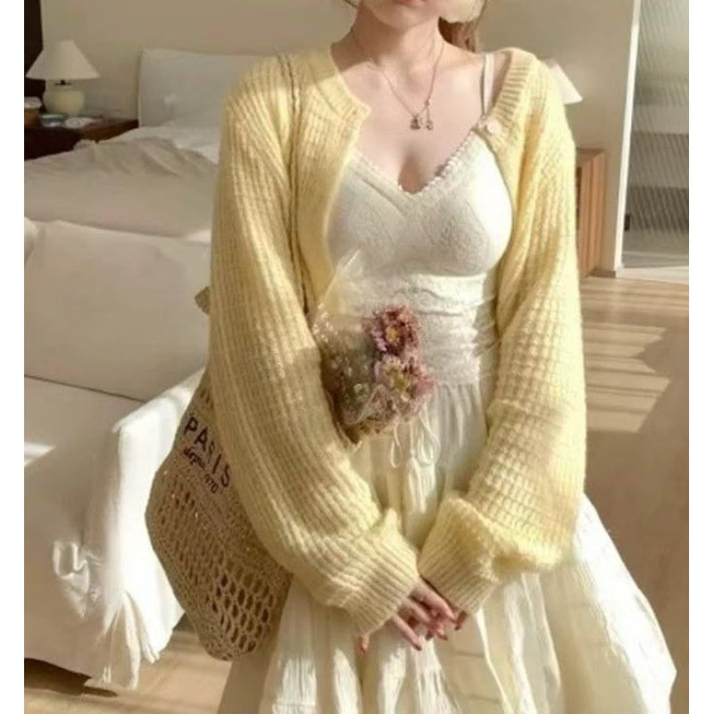 Spring New Arrival Yellow, Laid-back Style Knit Cardigan Sweater For Women