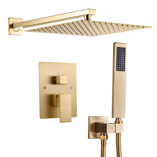 Shower Faucet Set, Rainfall Bathroom Shower System With 12-Inch Square Rain Shower Head And Handheld Spray, Wall Mounted Bath Fixtures With Brass Valve And Trim Kit, Brushed Gold