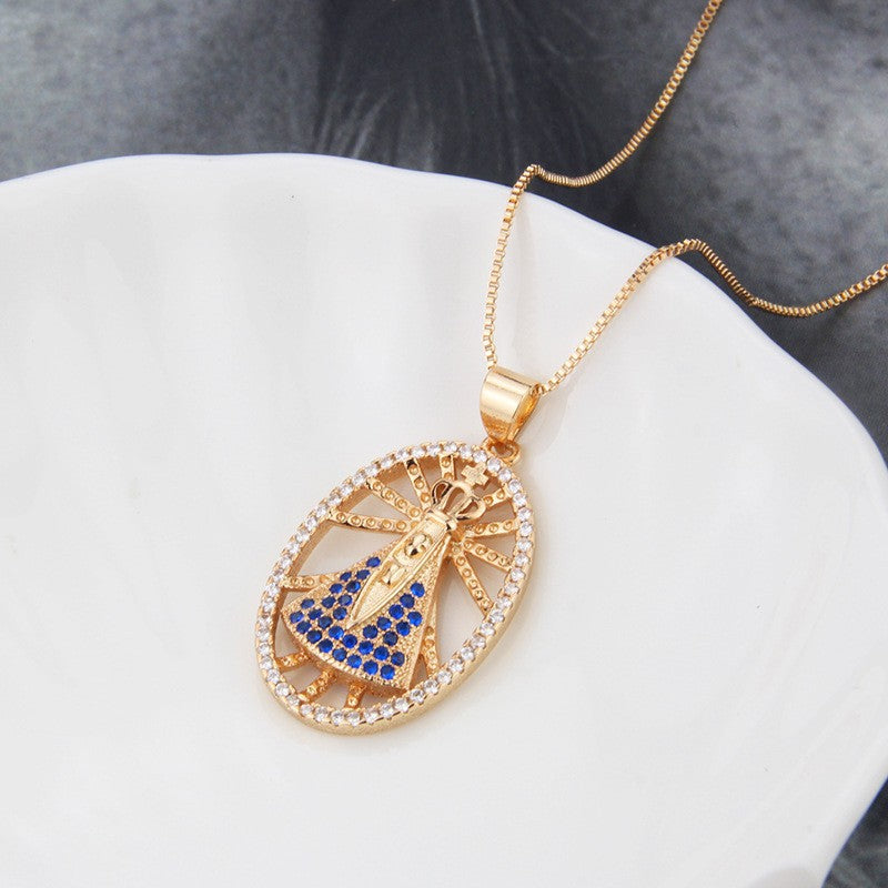 Premium 18K Gold Plated Necklace, Double Sided Madonna Crown Cross Zircon Pendant