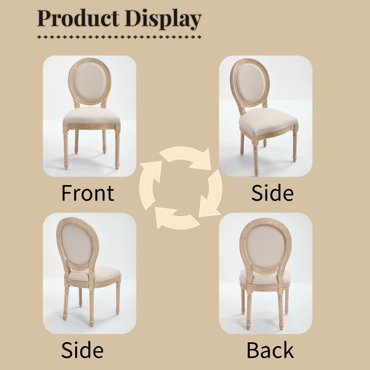 French Country Dining Chairs Set Of 2, Upholstered  Chairs With  Round Back, Wire Drawing And Carving Techniques ,Disassemblable ,  For Living Room, Kitchen , Restaurant Use, Beige
