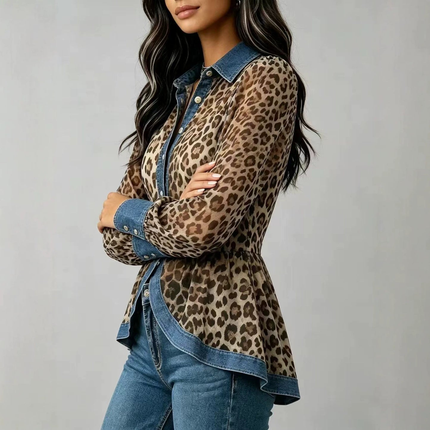 New Womens Leopard-Print Patchwork Denim Long-Sleeve Shirt