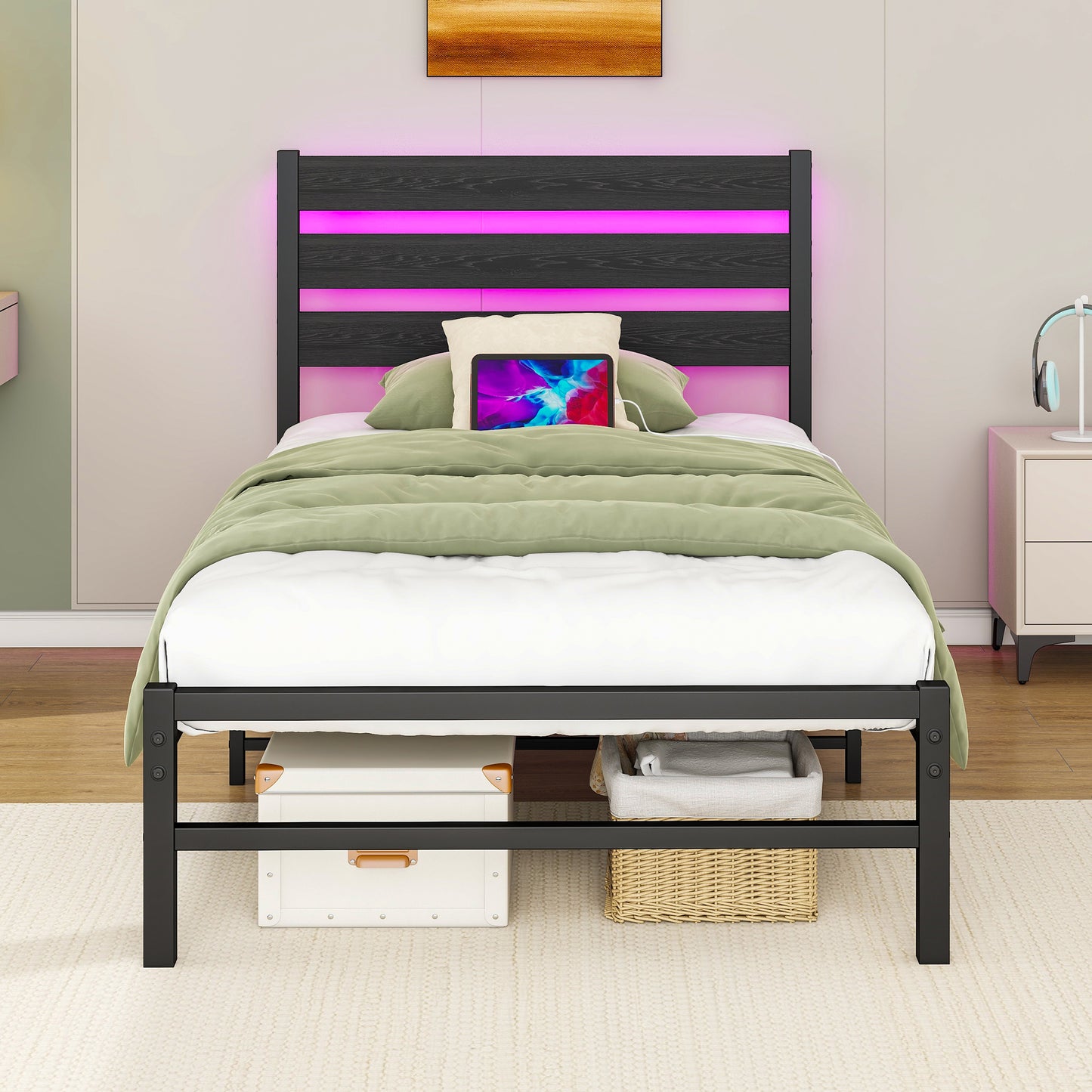 90x200cm Bed Frame With Headstock, Metal Bed Frame With USB Charging Station, LED Bed Frame, Strong Steel Layer Support, Under Bed Storage, No Box Spring Required, Noise-Free, Easy Assembly