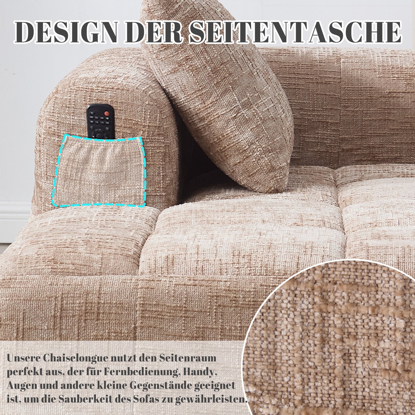 Comfortable Chaise Longue Sofa, No Assembly Required, Soft Sofa With Cushions, Side Pockets For Remote Control And Mobile Phone, Neat And Stylish, Khaki Color