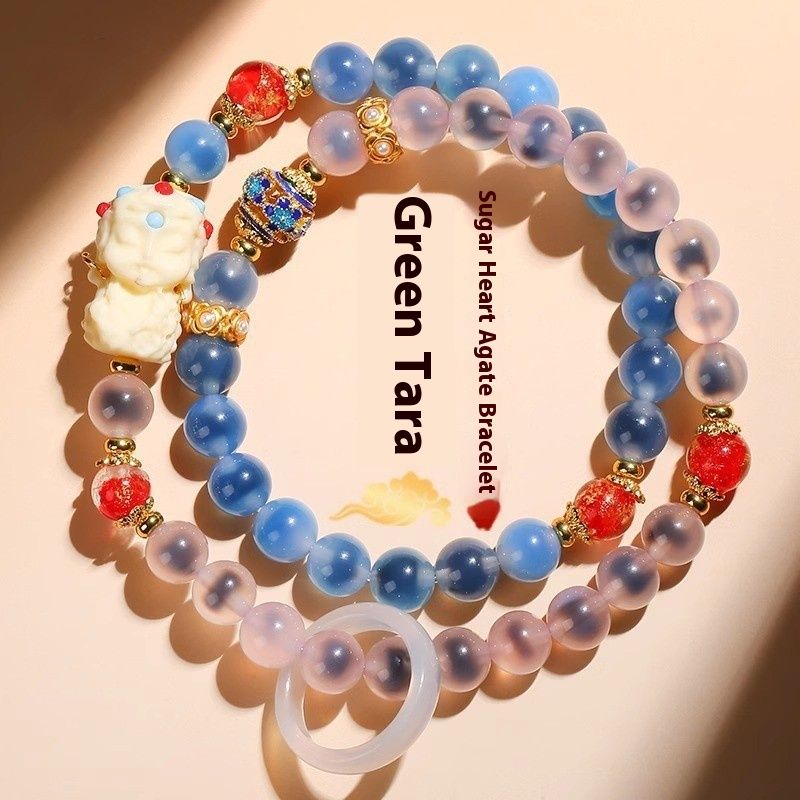 Natural Sugar Heart Agate Bracelet Green Tara Multi-circle Flexible Ring Accessories Bracelet