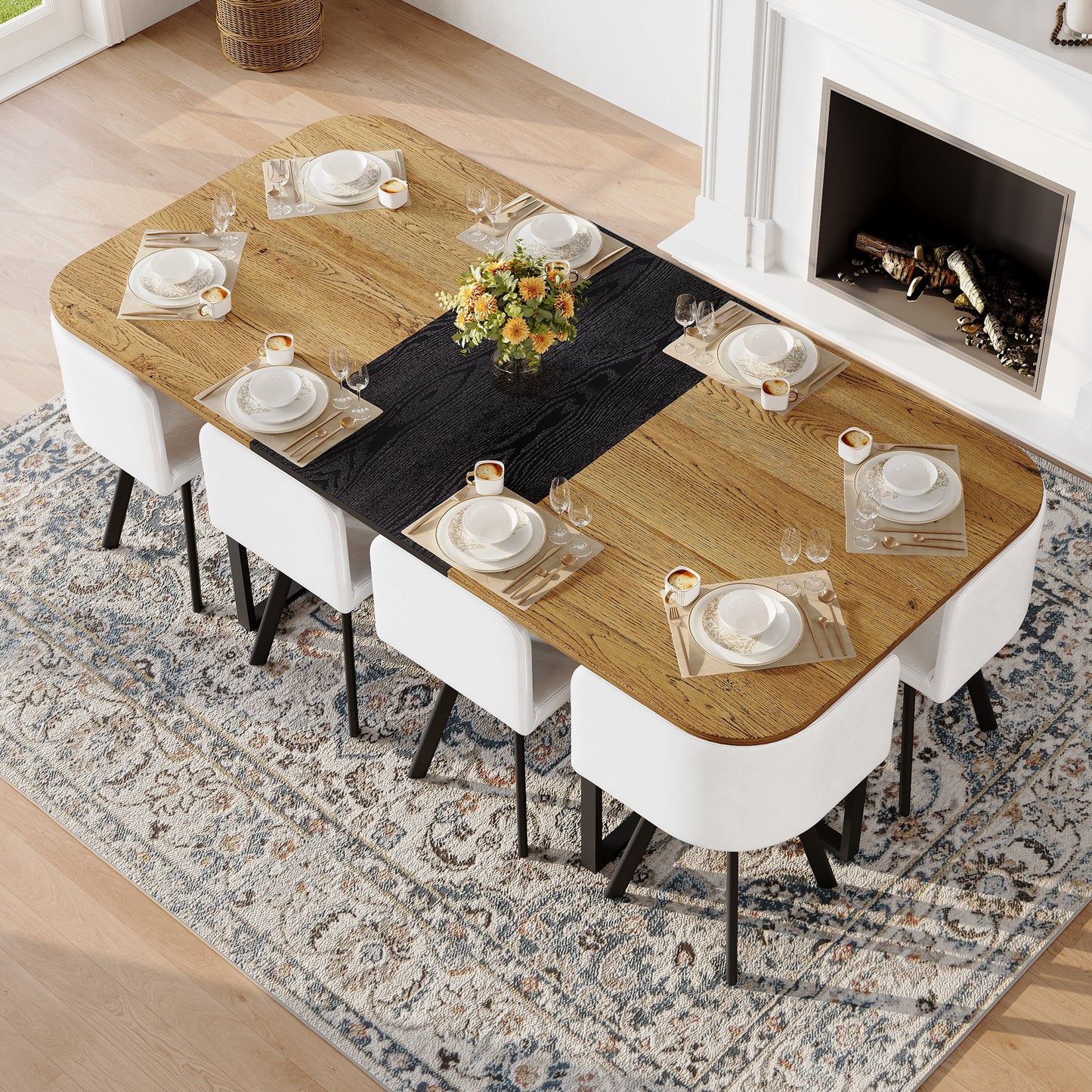 9-Piece Square Dining Table Set, Fixed Two-Tone Wood Grain & Black Wood Grain Triamine Tabletop With 8 White Faux Leather Chairs, Modern Kitchen Table Set For 8 People, Ideal For Family Gatherings