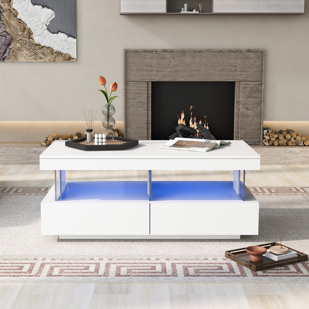 White High Gloss LED Coffee Table, Tea Table With 16 Colors LED Lights, Coffee Table With 2 Drawers And Open Storage Space, Rectangular Table For Office,Store And Living Room 100x60x49.5cm