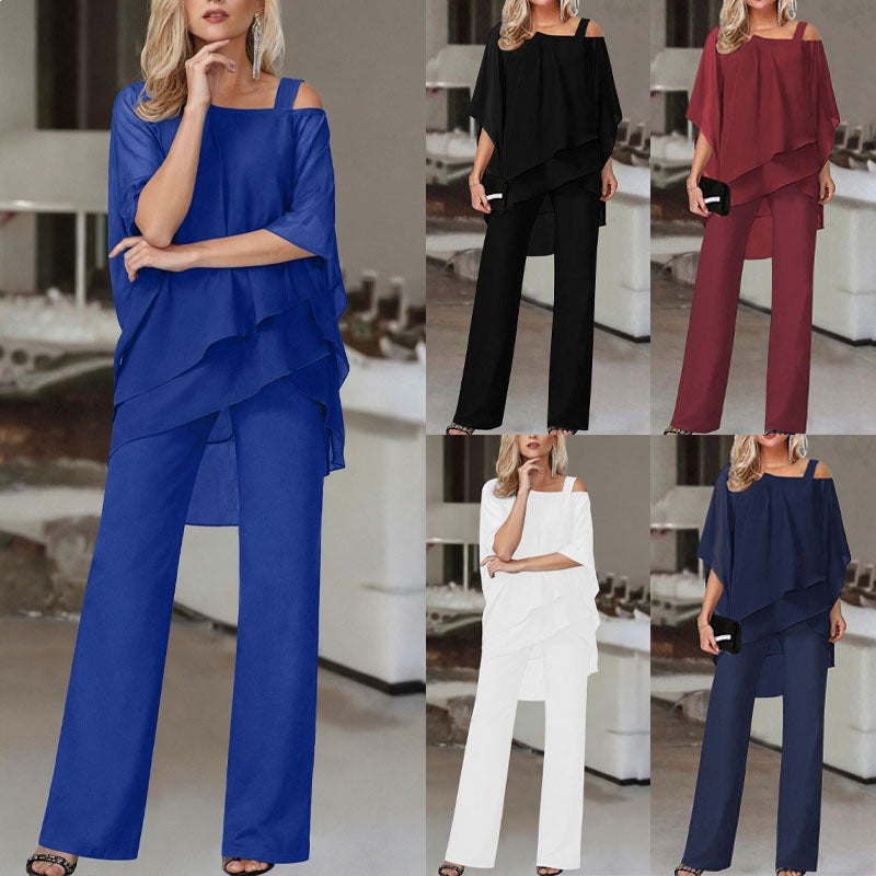 Cold Shoulder Asymmetrical Ruffle Blouse & High Waist Wide Leg Pants Set For Women Casual Elegant Two Piece Outfit Casual Office Wear