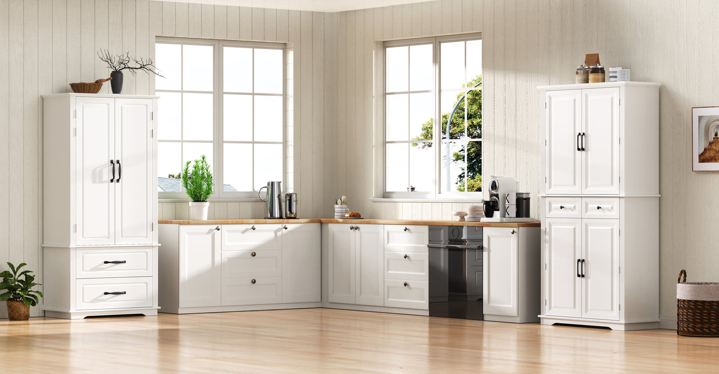 K&K 71   Tall Kitchen Pantry Cabinet With 3 Pull Out Cabinet Organizers, Farmhouse Embossed Texture Storage Cabinet With 6 Door Shelves, 2 Drawers, Freestanding Cupboard For Kitchen, Dining Room White