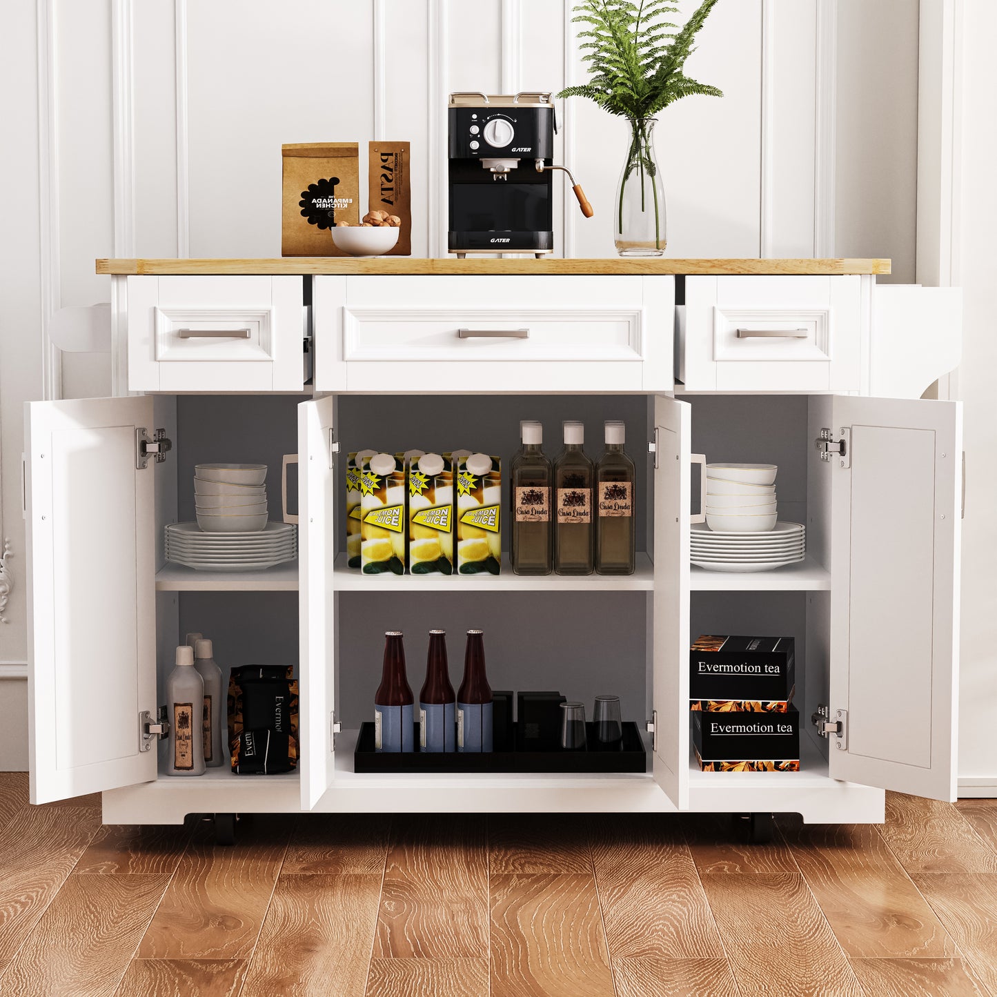 K&K 54inch Large Kitchen Island With Rubber Wood Drop Leaf, Embossed Texture Rolling Kitchen Cart On 4 Wheels With 4 Doors And 3 Drawers, Kitchen Island With Storage For Kitchen, Dining Room,White