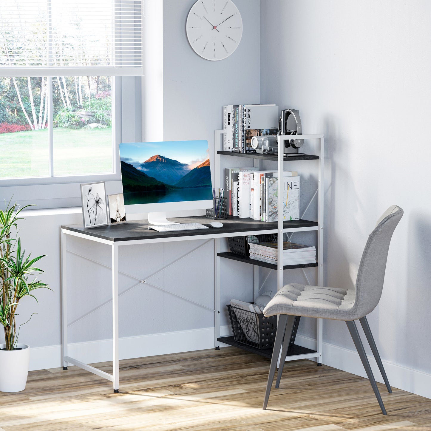 Computer Desk With Storage Shelves On Left Or Right, Industrial Reversible Writing Desk For Home Office, Study, Easy Assembly, 120 X 64 X 121cm, Black And White