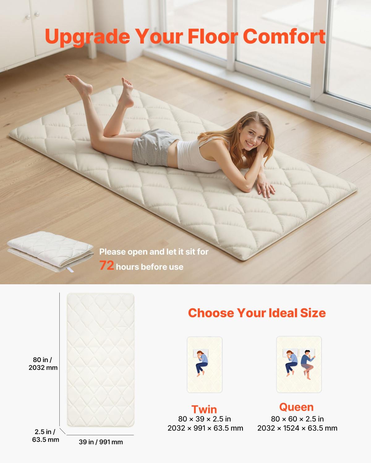 Japanese Tatami Mat, Twin Size Foldable Japanese Tatami Mattress, Futon Mattress With Storage Bag & Fastener, 9-Layer Floor Mat For Sleeping, Dormitory, Meditation, Yoga, 80 X 39 X 2.5 In, White
