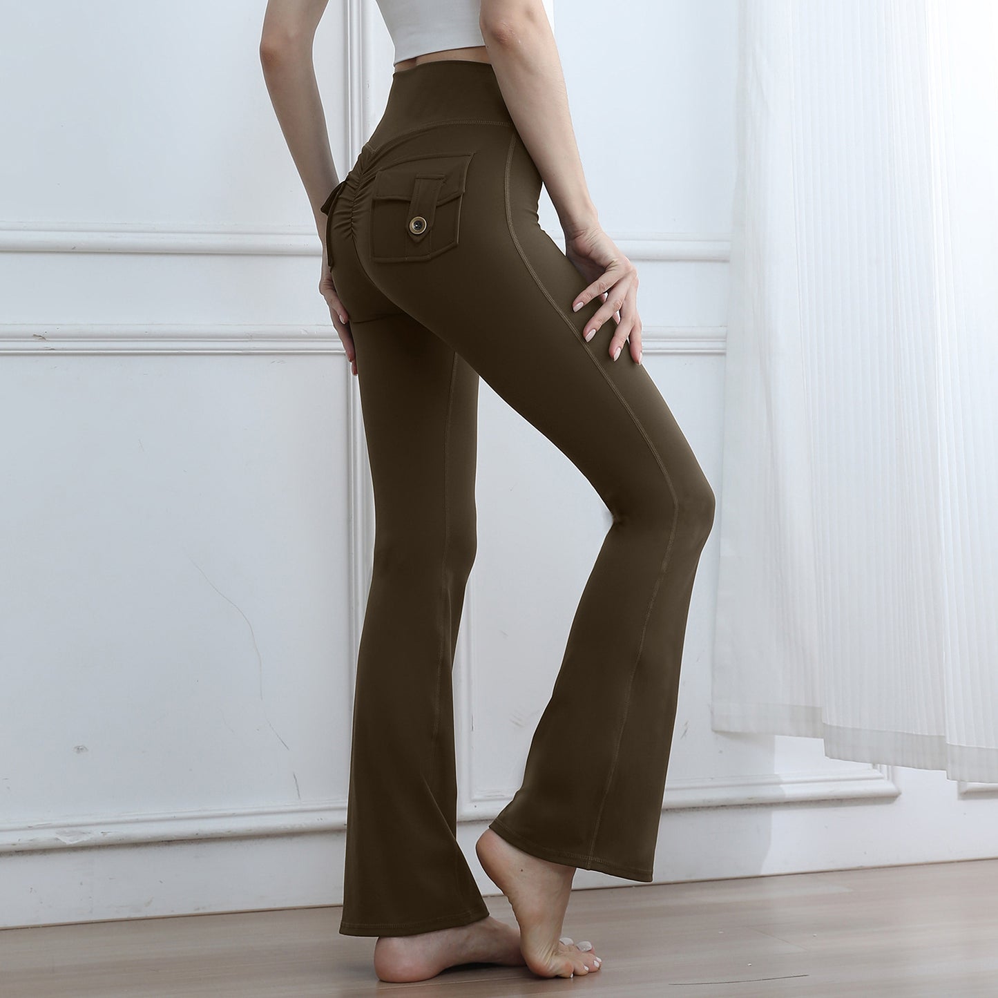 Women's High-Waisted Cargo Pocket Peach Butt Yoga Pants For Autumn And Winter, European & American Style, Stretchy Lifting Butt Quick-Dry Athletic Leggings For Running And Fitness