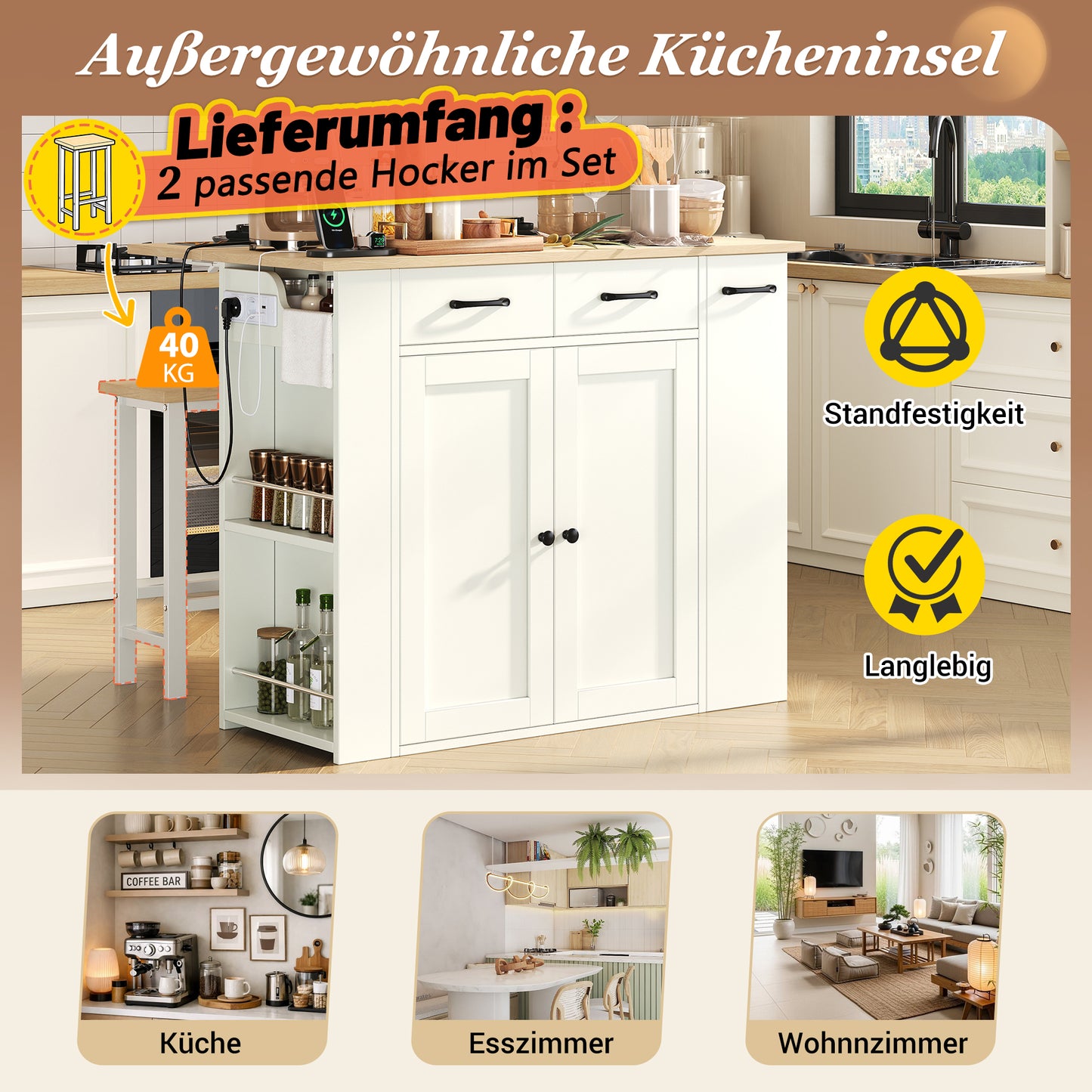 Pull-out Dining Area Kitchen Island With Adjustable Shelves And Drawers, Kitchen Island With Power Strips And Two Chairs, Ideal For Kitchen And Dining Room White