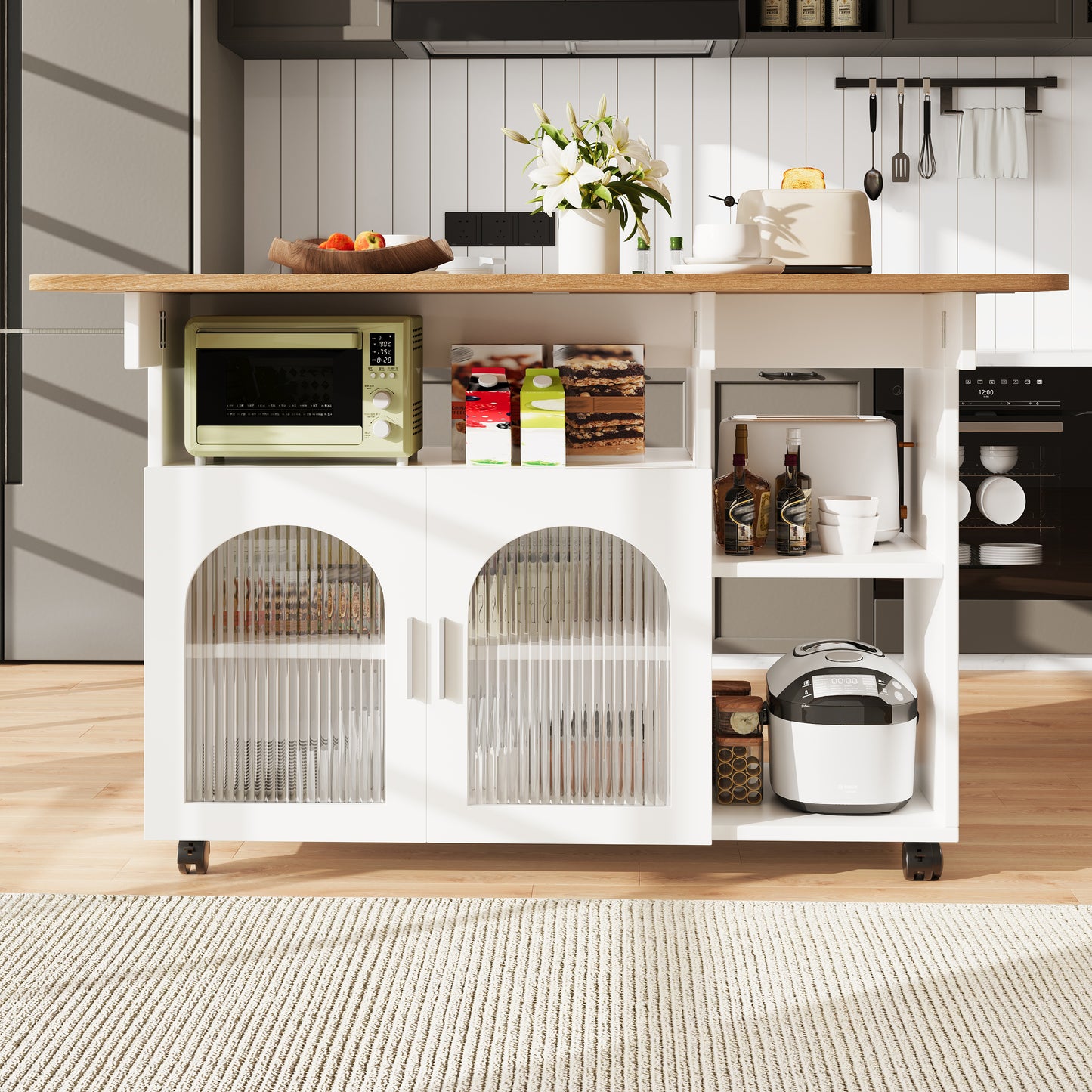 Kitchen Island,Modern Kitchen Siland, Kitchen Cabinet, Removable Serving Trolley Buffet Cabinet, Dining Trolley With Wood Grain, Buffet Cabinet, Multifunctional Dining Table With Storage Space,White