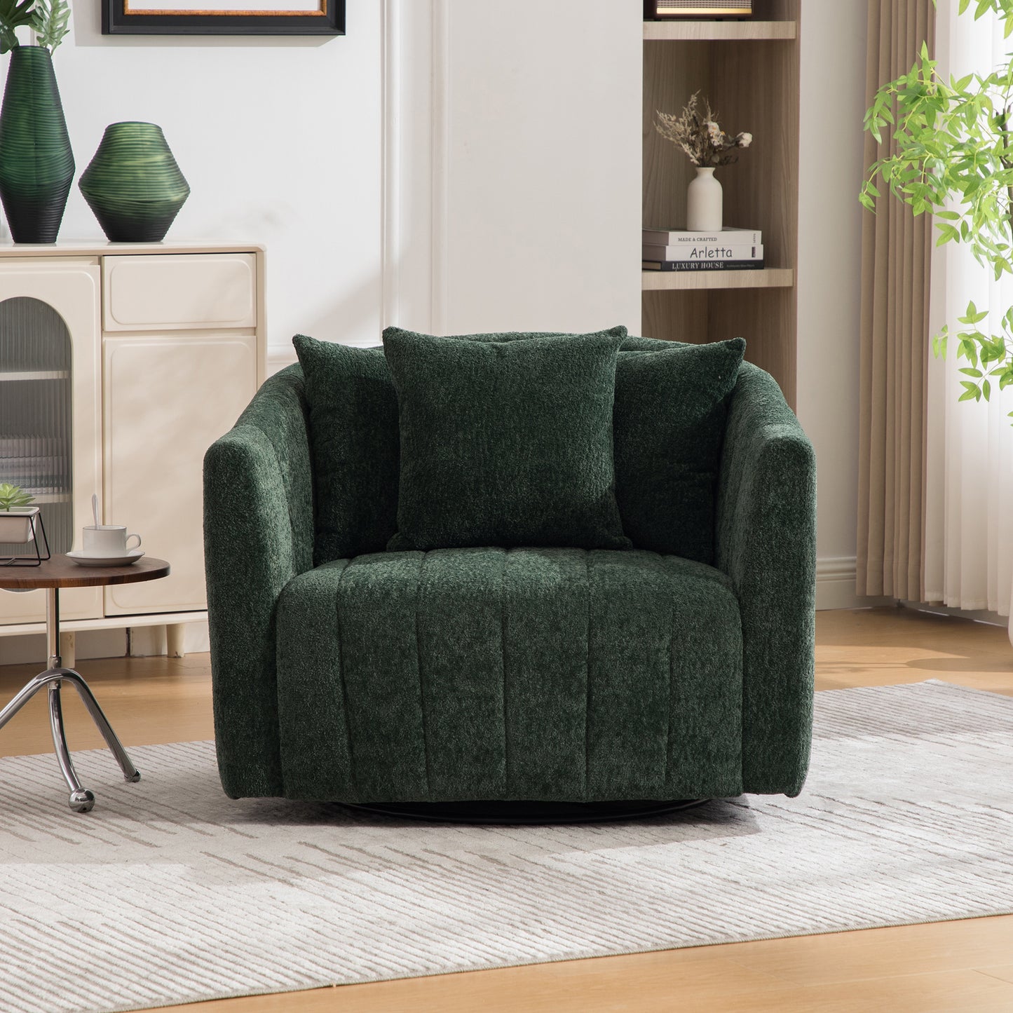 39 W Upholstered Oversized 360 Swivel Accent Barrel Chair And Half Cozy Sofa With 3 Pillows, Channel Tufted Pumpkin-Shape Club Armchair For Living Room, Bedroom, Office, Lounge, Chenille Green