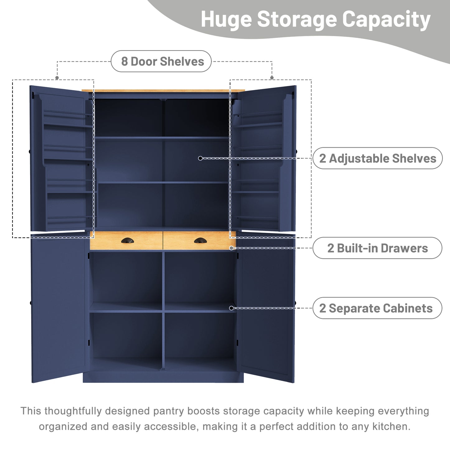 TOPMAx 40.2x20x71.3inch High Freestanding Kitchen Pantry Large Cupboard Storage Cabinet With 2 Drawers  2 Adjustable Shelves  8 Door Shelves For Kitchen  Dining Room Blue