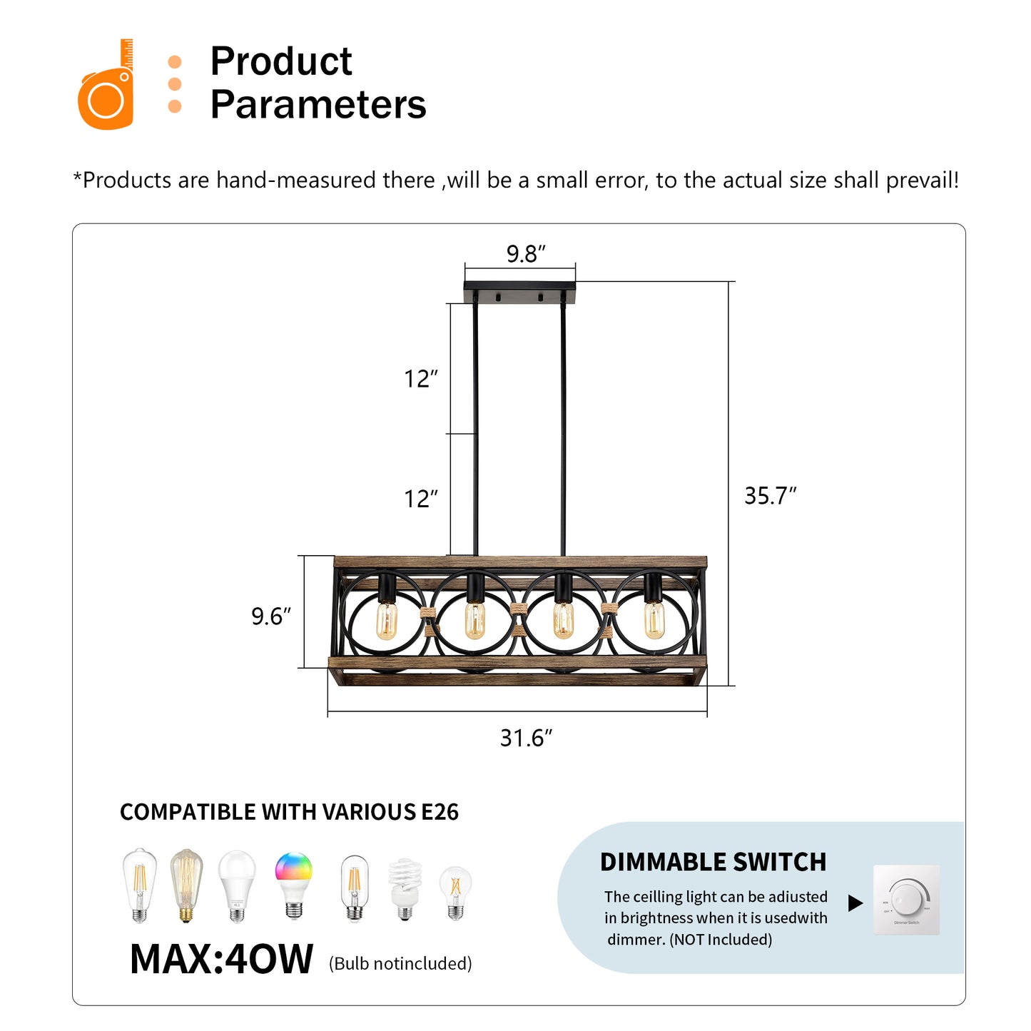 4-Light  Bulb NO Included Farmhouse Rectangle Pendant Light,31.6  Nature Wood Texture Vintage Rustic Chandeliers Black Metal Industrial Hanging Light Fixtures For Kitchen, Entryway, Dining Room