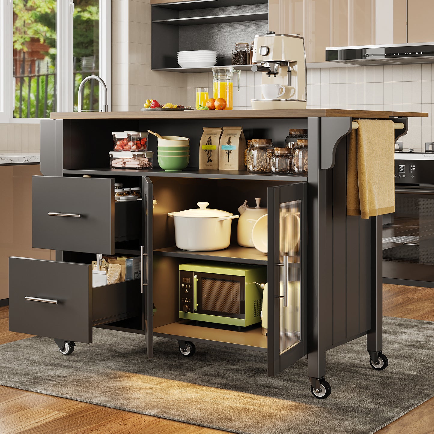 Kitchen Island With Removable Dividers, Dining Trolley With Worktop, Buffet Cabinet, Dining Trolley With Glass Display Case In Wood Grain, LED Lights, Side Towel Rail With Wheels, Black