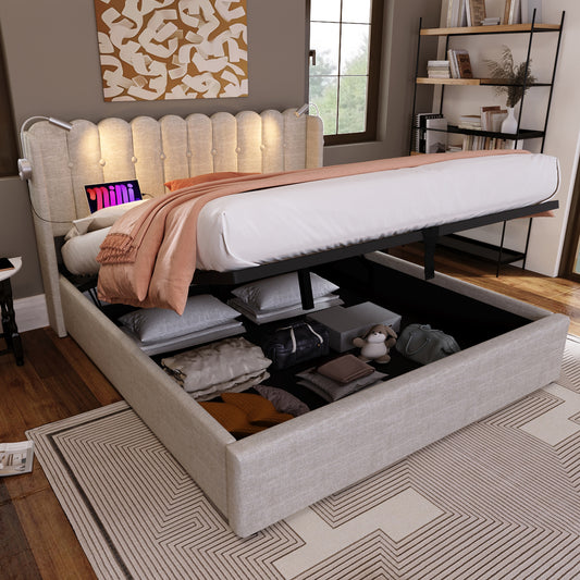 Upholstered Bed Double Bed Reading Light With Charging Function Head Part Storage Bed Frame Linen Material Youth Bed 140x200 With Slate Rust,Of Course Without Mattress