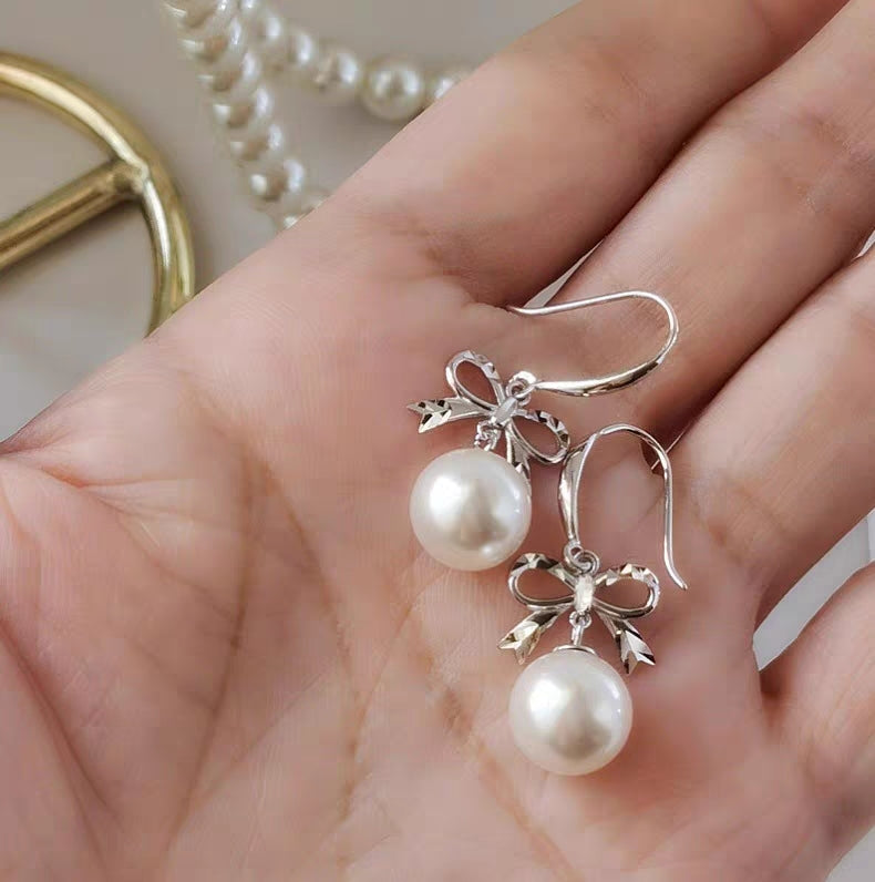 1 Pair 999 Sterling Silver Cut Bowknot & Pearl Hook Earrings, Sweet & Elegant, Perfect For Daily, Dating & Business, Ideal Valentine's Gift