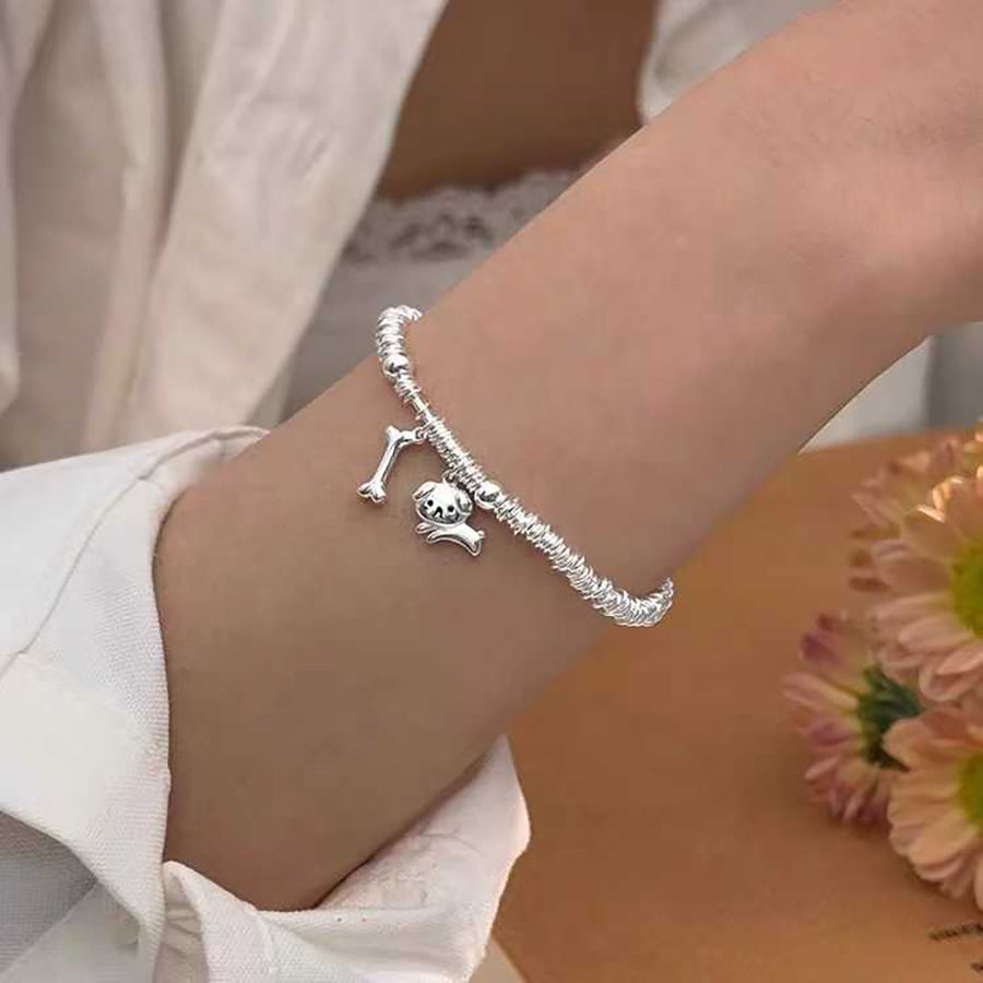 1pcs 925 Sterling Silver Coiled Wire Slide Bracelet With Puppy & Bone Charms, Cute Sweet Style, For Daily Casual Wear & Women Holiday Gifts