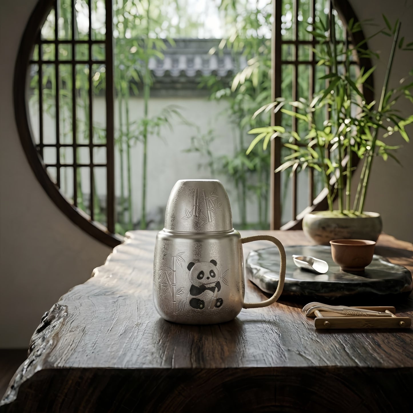 925 Sterling Silver Exquisite Silver Panda and Bamboo Tea Mug with Woven Handle and Matching Lid - Handicraft